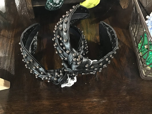 Black Leather Pearl Headband