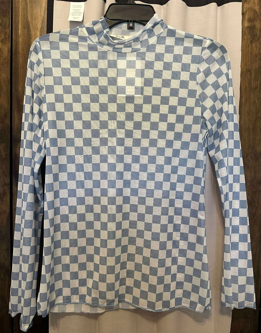 Baby Blue Checkered Mesh Top