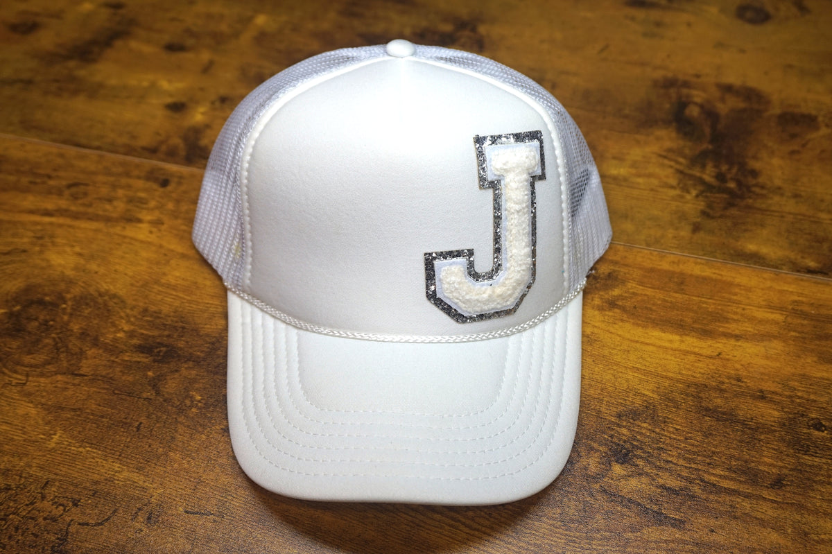 Trucker Hat: White -White "J" (Chenille)