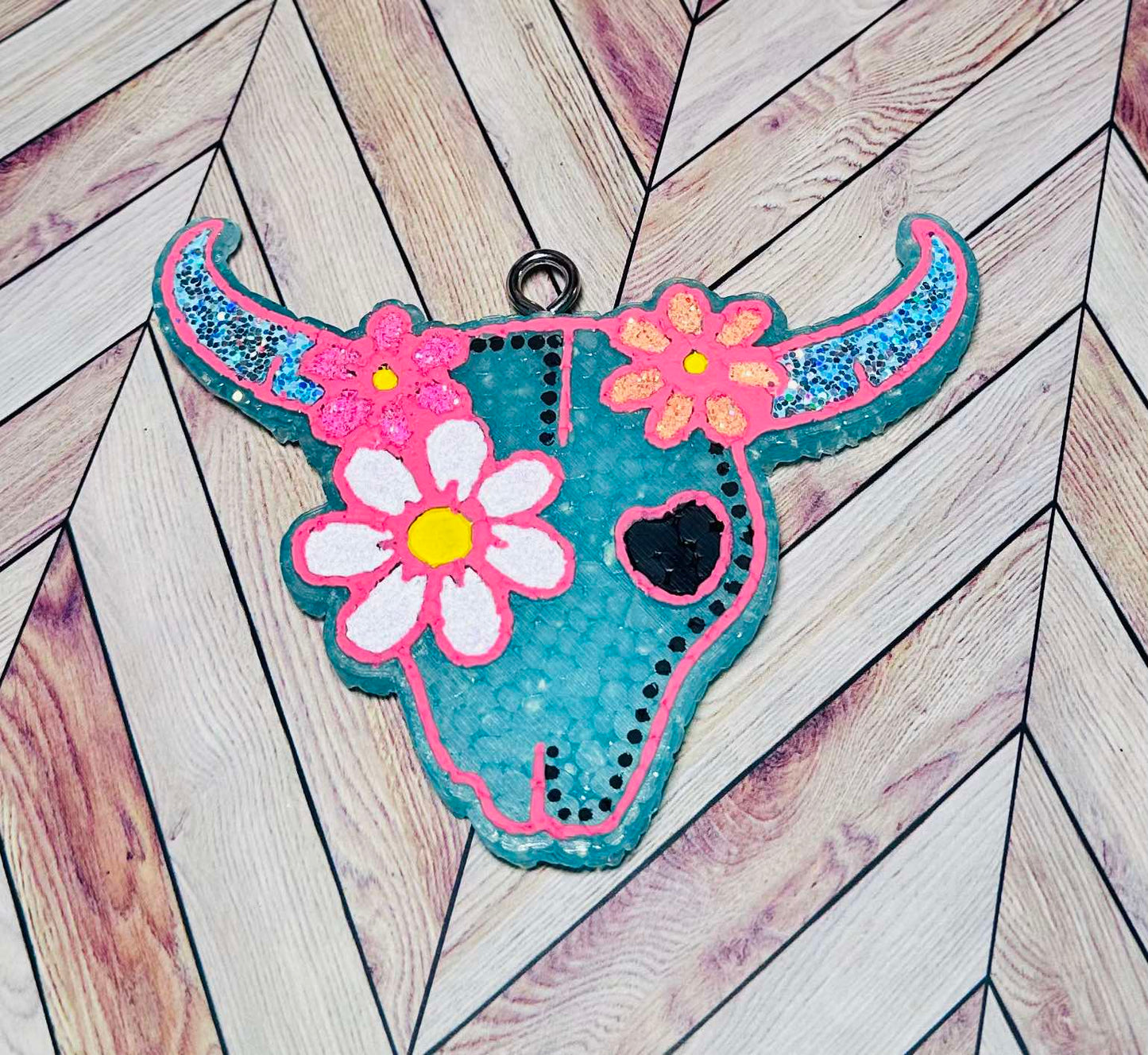 Blue Flower Bull Skull - Leather
