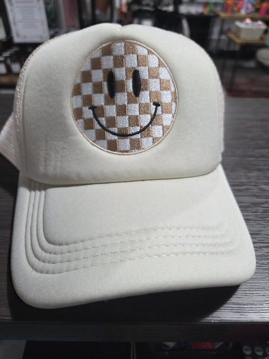 Tan Checkered Smiley Hat