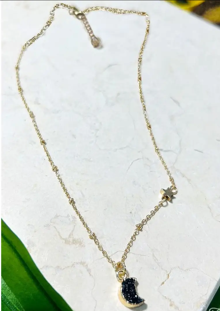 Blk Druzy Moon Necklace