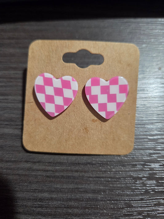 Pink Checkered Heart Studs