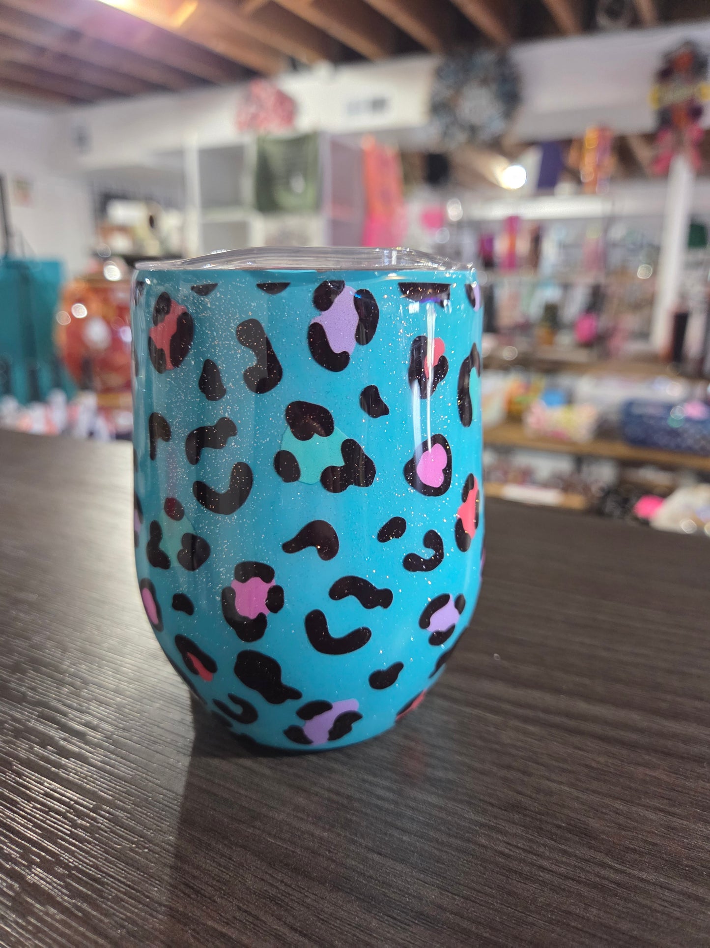 12oz Wine Tumbler Teal w/ Leopard