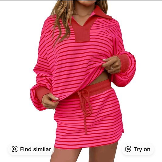 Pink/Red Striped Skort Set