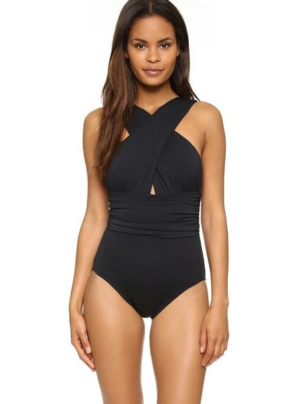 Black V-Neck Cross Swim Suit