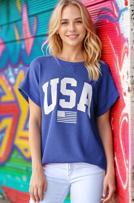 Blue Ribbed USA Top