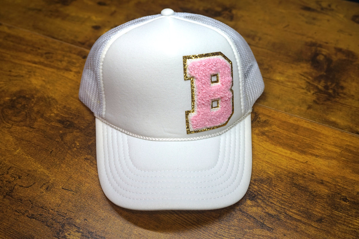 Trucker Hat: White-Pink "B" (Chenille)