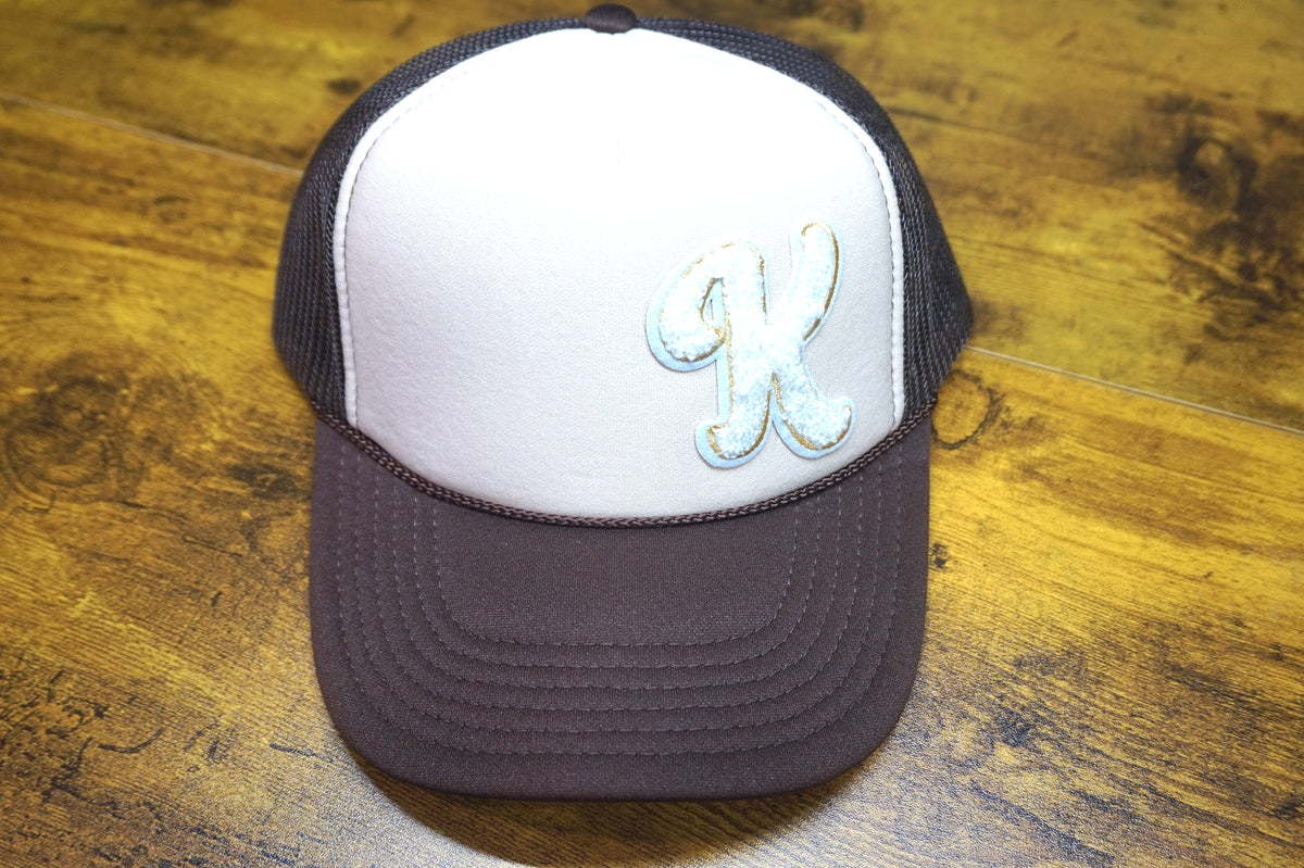 Hat: White/Brown -"K" (Chenille)