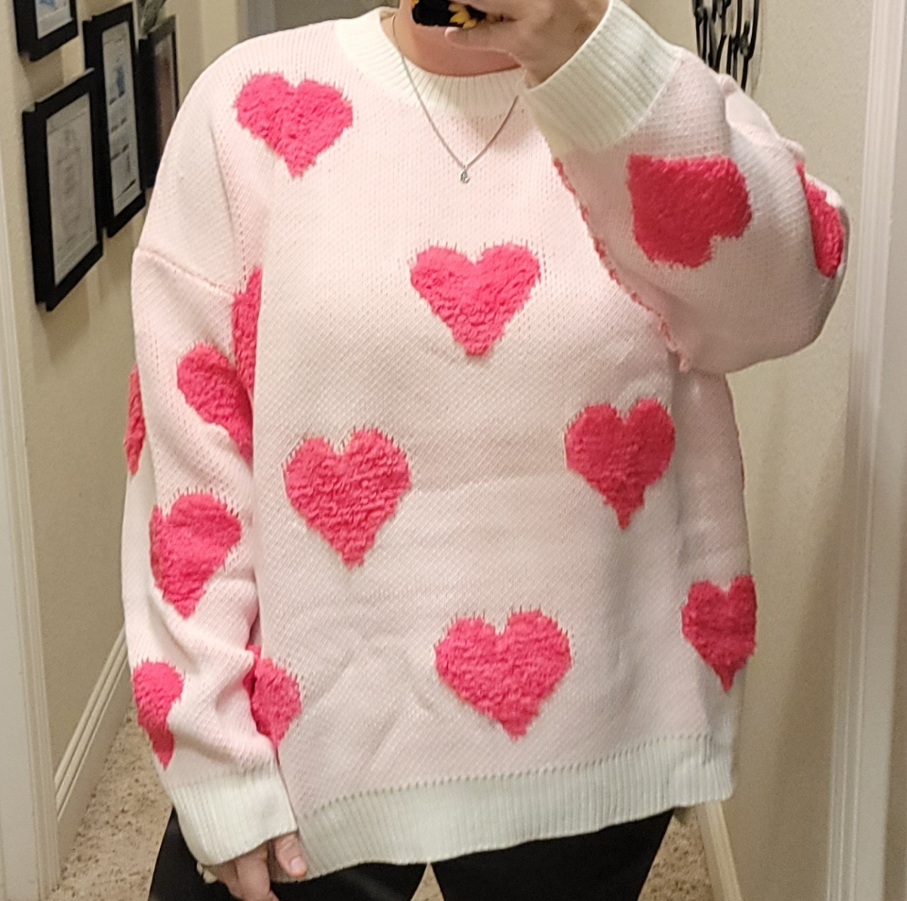 Plus Size White & Pink Heart Sweater