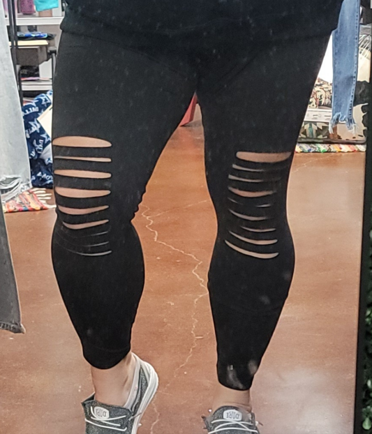 Plus Size Ripped Leggings- Black