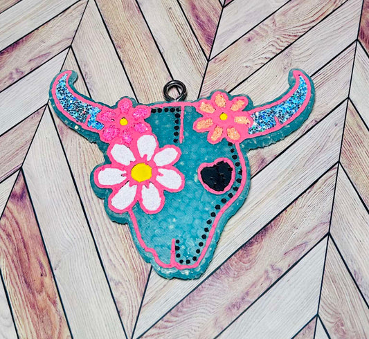 Blue Flower Bull Skull - Leather