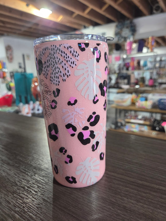 22oz Tumbler Pink Leopard Monstera