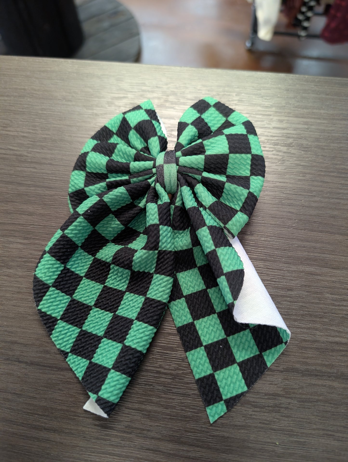 Green/Black Checkered Fabric Bow