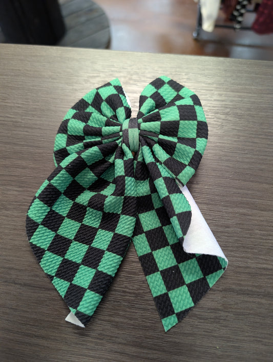 Green/Black Checkered Fabric Bow