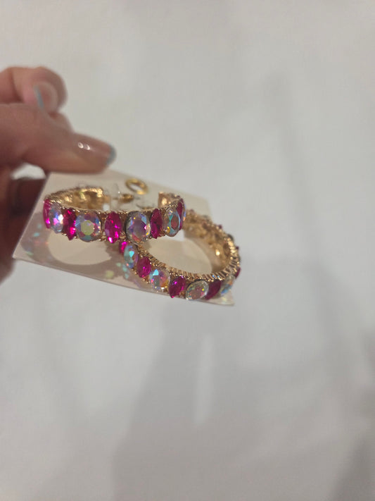 Pink/Iridescent Rhinestone Hoop