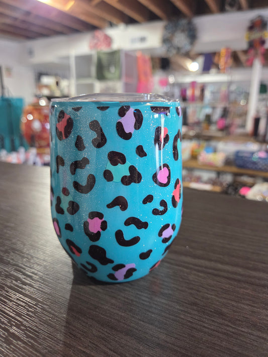 12oz Wine Tumbler Teal w/ Leopard