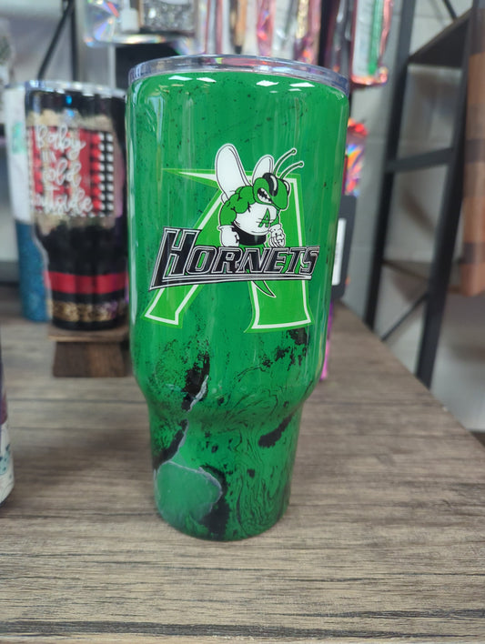 32 oz Tumbler Black Green Swirl Hornets